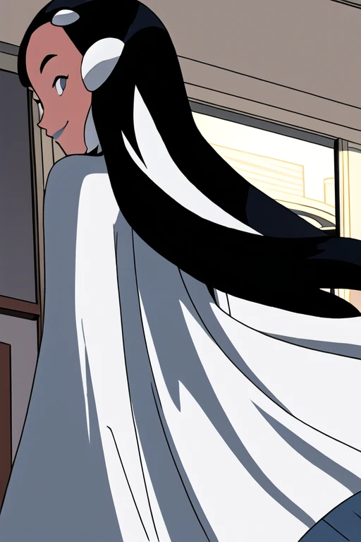 Tinya Wazzo, solo,black hair, long hair. grey eyes, smile, grey lips, white cape, best quality, masterpiece, 1girl, Masterpiece, Best Quality, Detail, room, From Behind, From Below, cape in front, Zoom Layer, 