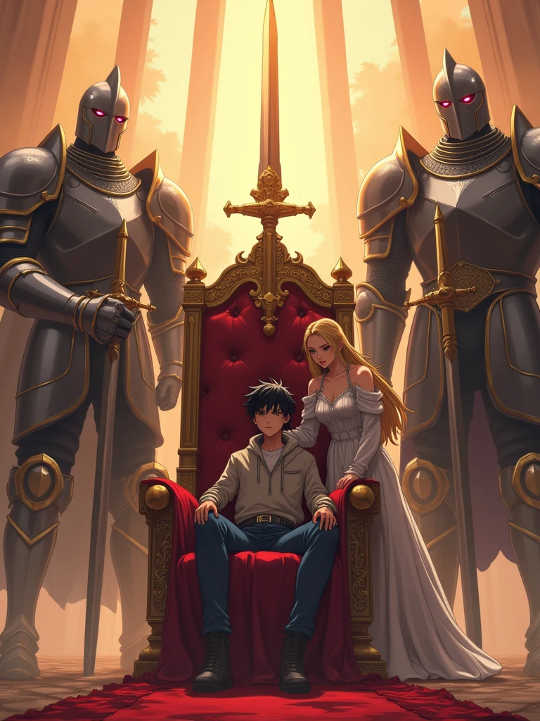 A boy slouching back on the throne with wide spread legs and sitting like a king and with an arrogant attitude he has black hair and red glowing eyes and a queen stands next to him touching his shoulder as the center piece, Giant full armoured dead knights surrounds the throne and raise their giant swords above the throne and connecting, dreamy and ethereal, golden hour,anime style