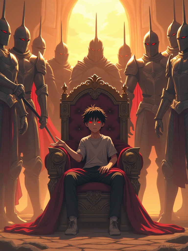 A boy slouching back on the throne with wide spread legs and sitting like a king and with an arrogant attitude he has black hair and red glowing eyes and a queen stands next to him touching his shoulder as the center piece,  Giant full armoured dead knights surrounds the throne and  raise their giant swords above the throne and connecting, dreamy and ethereal, golden hour,anime style