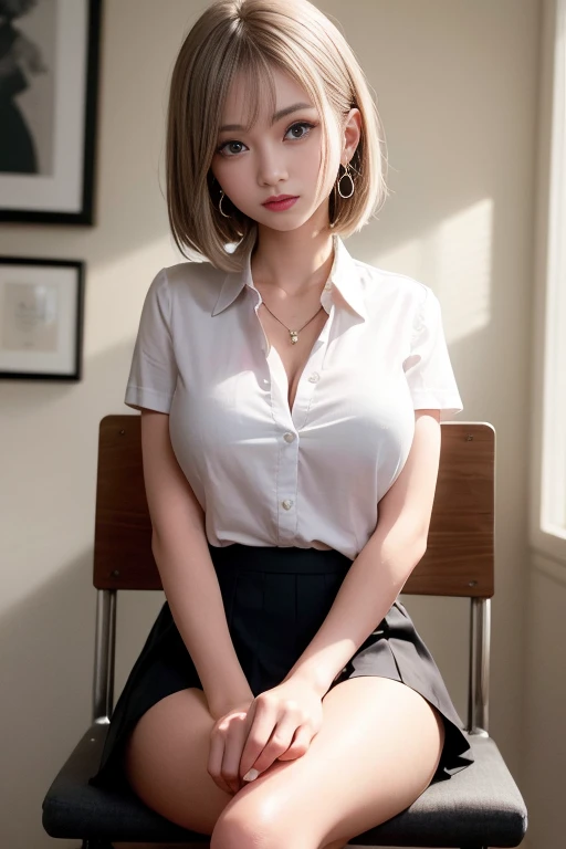 Crossing your legs、Sitting cross-legged、Please put your feet on the chair、A dimly lit library at night、Very dark atmosphere、Instill fear in the audience、black ceiling、Black Wall、Very dim lighting、Best image quality、RAW Photos、Ultra-high resolution、16 year old Korean、Very large breasts、Cleavage、Black bra、school uniform、Collared shirt、Uniform shirt、The shirt is long, not short、The shirt is not closed、Checked skirt、White skin、輝くWhite skin、Short Bob、Light silver hair、Light gray hair、、Beautiful eyes with random colors、Very thin lips、Beautifully drawn eyes in every detail、Long, narrow eyes、Pale pink blush、Long eyelashes、Beautiful double eyelids、eye shadow、necklace、Earrings