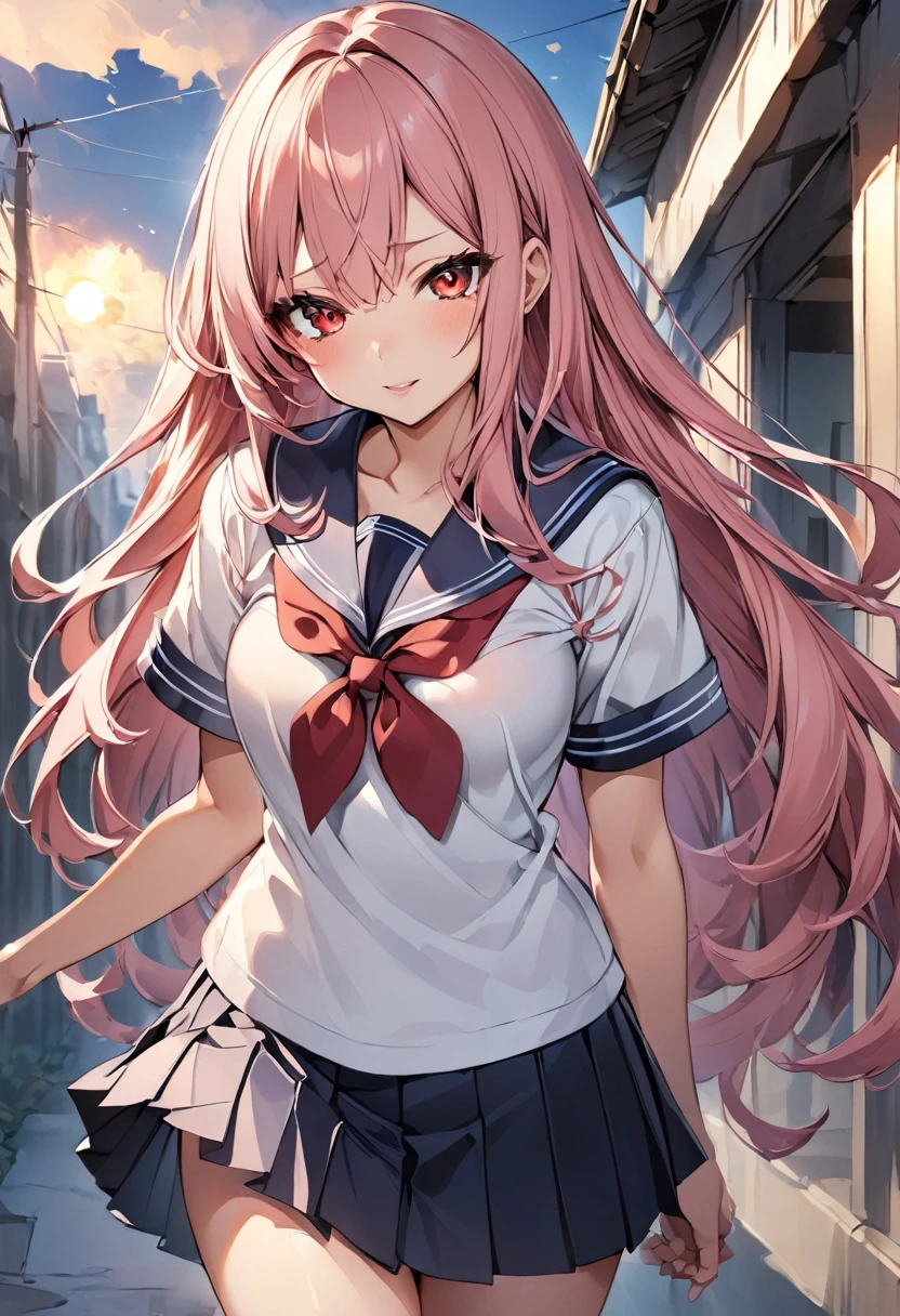 school uniform、girl、Pleated skirt、mini skirt、Red Eyes、Medium-long hair、