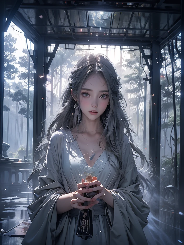 Beautiful girl in a transparent gray robe standing in a dark forest, Magnificent style, Octane Rendering, Desert Composition, Beautiful Face, Detailed face, Surreal, Oil on canvas, Awards, artwork, Art Station Trends, Studio Ghibli, Close-up of a girl
