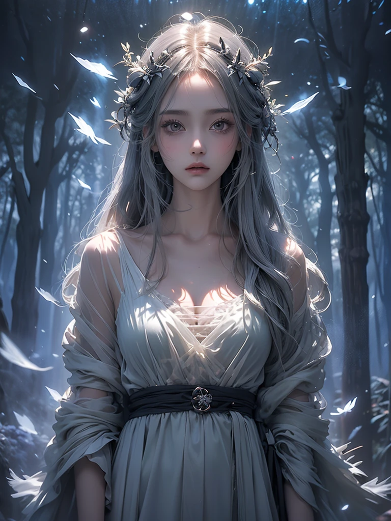 Beautiful girl in a transparent gray robe standing in a dark forest, Magnificent style, Octane Rendering, Desert Composition, Beautiful Face, Detailed face, Surreal, Oil on canvas, Awards, artwork, Art Station Trends, Studio Ghibli, Close-up of a girl