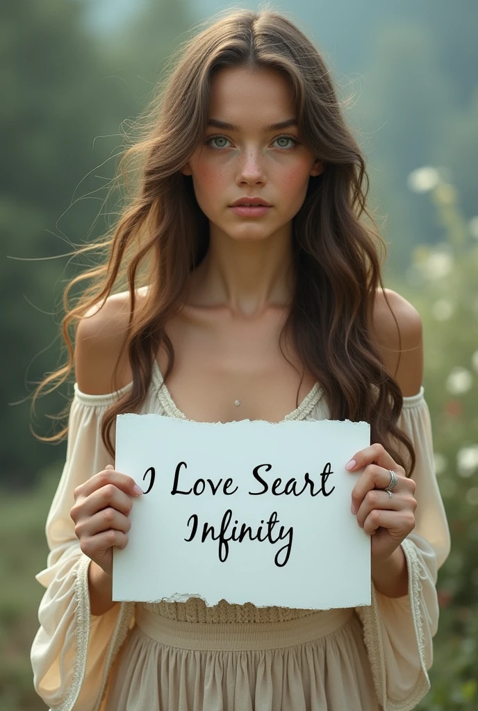 Beautiful girl with wavy long hair, bohemian dress, holding a white board with text "I Love Seaart Infinity" and showing it to the viewer
