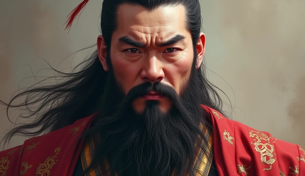 Guan Yu:Nine feet long,Beard 2 feet long;The face is like a heavy date,Lips painted with grease;Phoenix Eyes,Eyebrow,Good-looking,Majestic。