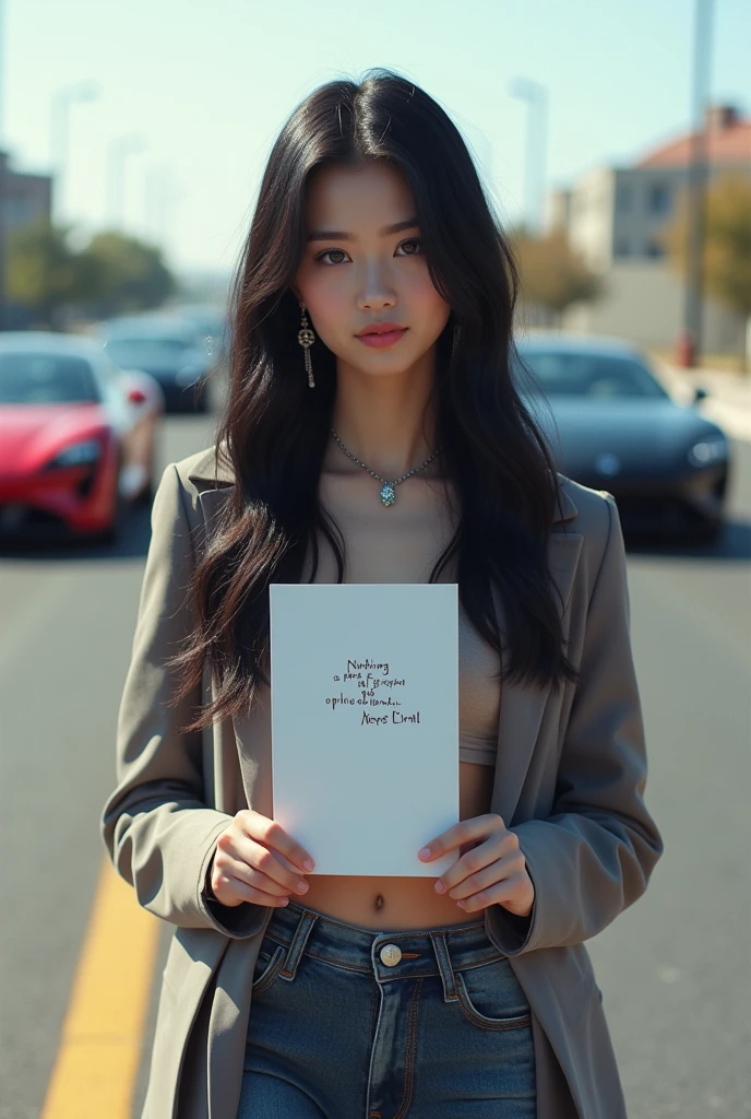 ((best quality)), ((masterpiece)), (detailed), Create an image of a -yeld inidual standing on a long road with high-tech cars in the background. The person should be 5.0 feet tall with white skin and deep black eyes. They should have long, black, beautiful hair styled elegantly. The individual is wearing modern, fashionable clothes and a beautiful necklace, with stunning earrings and stylish, beautiful shoes. They are holding a white paper in their own 2 hand. The white paper has the text “Nothing is Perfect in This World” written on it. The background should include a long road and some high-tech cars, emphasizing the modern and sophisticated setting.