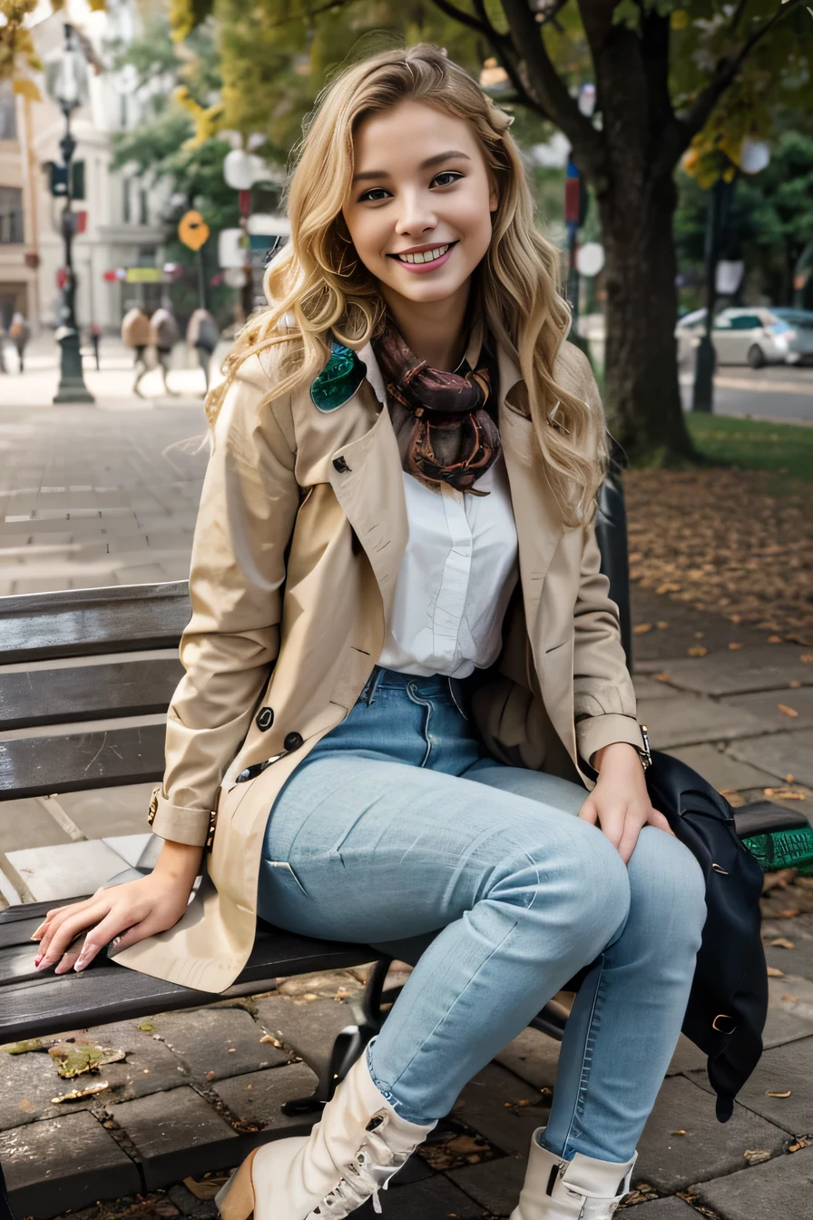 Highest quality, High resolution, 8k wallpaper, Beautiful woman, Woman sitting on a park bench、、trench coat、Knee-length skirt、tights、パンプス、 Blonde Hair 、 Beautiful Bangs 、ear piercing、smile、Beautiful teeth alignment