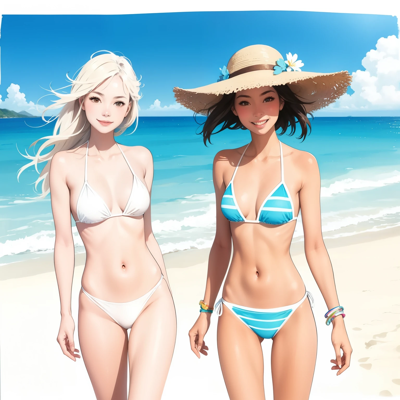 Beach girls, two people, white bikini, smiling, blue sky, sunlight, watercolor