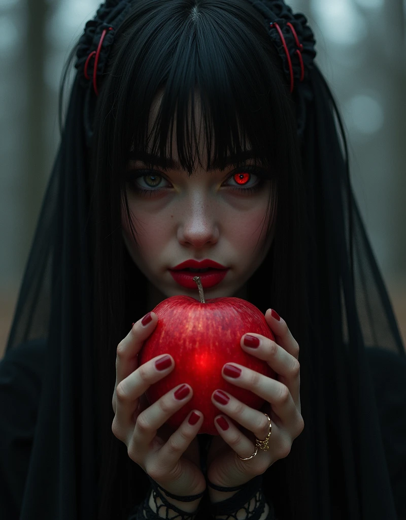 ((RAW Photo), absurd, (absurdresolution)), masterpiece, best quality, (Extremely detailed 8k unity CG wallpaper), (best illustration), (best shadow), Realistic lighting, beautiful detailed glow, ((21 years old)), girl, long black hair, black queen, accessories, apple in hand, poisoned apples, witch queen, red lipstick, (((Photographic Perspective of her)))