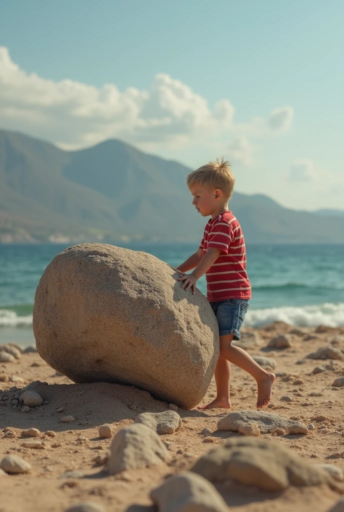 A kid trying to move a big rock which is 10 times bigger than his size