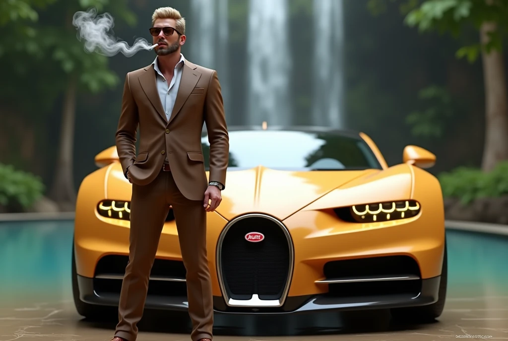 A stunning digital 3D render! The camera captures a man standing confidently in front of a sleek, tan Bugatti Veyron with neon golden headlights, its curves reflected perfectly in the surrounding waterfall and lush greenery. The subject, dressed in a well-tailored brown suit, white shirt, and brown leather shoes, exudes sophistication. His dirty blonde hair is stylishly groomed, and his facial hair complements his features. Tan sunglasses sit atop his nose, while a joint dangles from his lips, releasing wispy smoke trails around his head. The overall atmosphere screams luxury and refinement, retina, accurate, masterpiece, anatomically correct, textured skin, super detail, high quality, award winning, highres, 8k, 16k
