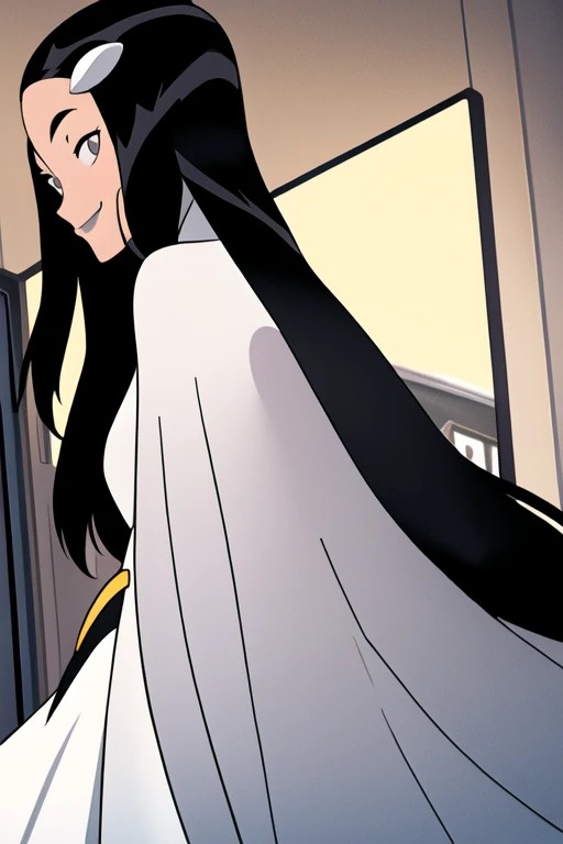 Tinya Wazzo, solo,black hair, long hair. grey eyes, smile, grey lips, white cape, best quality, masterpiece, 1girl, Masterpiece, Best Quality, Detail, room, From Behind, From Below, cape in front, Zoom Layer,