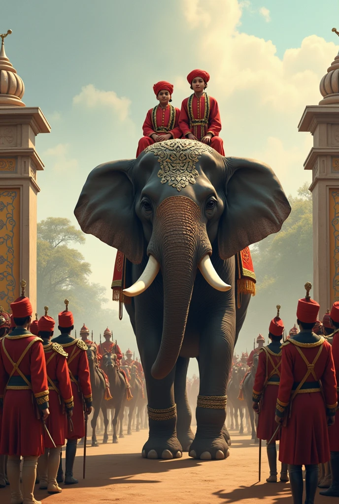 Two young male children of Tipu Sultan aged 7 and 10 wearing red cotton turbans and gown of the 18th century Indian costumes sitting on back of a gigantic elephant in a decorated silver Hooda. A old mahooth sitting on the head of the elephant is controlling and coming out of the gates of Srirangapatna. Tipu Sultan's cavalry and camel mounted soldiers are following them as part of the procession. The whole seen is in UHD resolution from the ground level shot in Very high resolution.
Cornwallis the British governor of India along with other officers and soldiers of the East India are standing outside their tents to receive the children