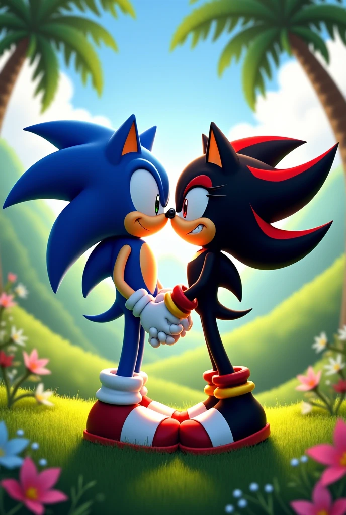 Sonic The Hedgehog kissing Shadow The Hedgehog in Green Hill Zone