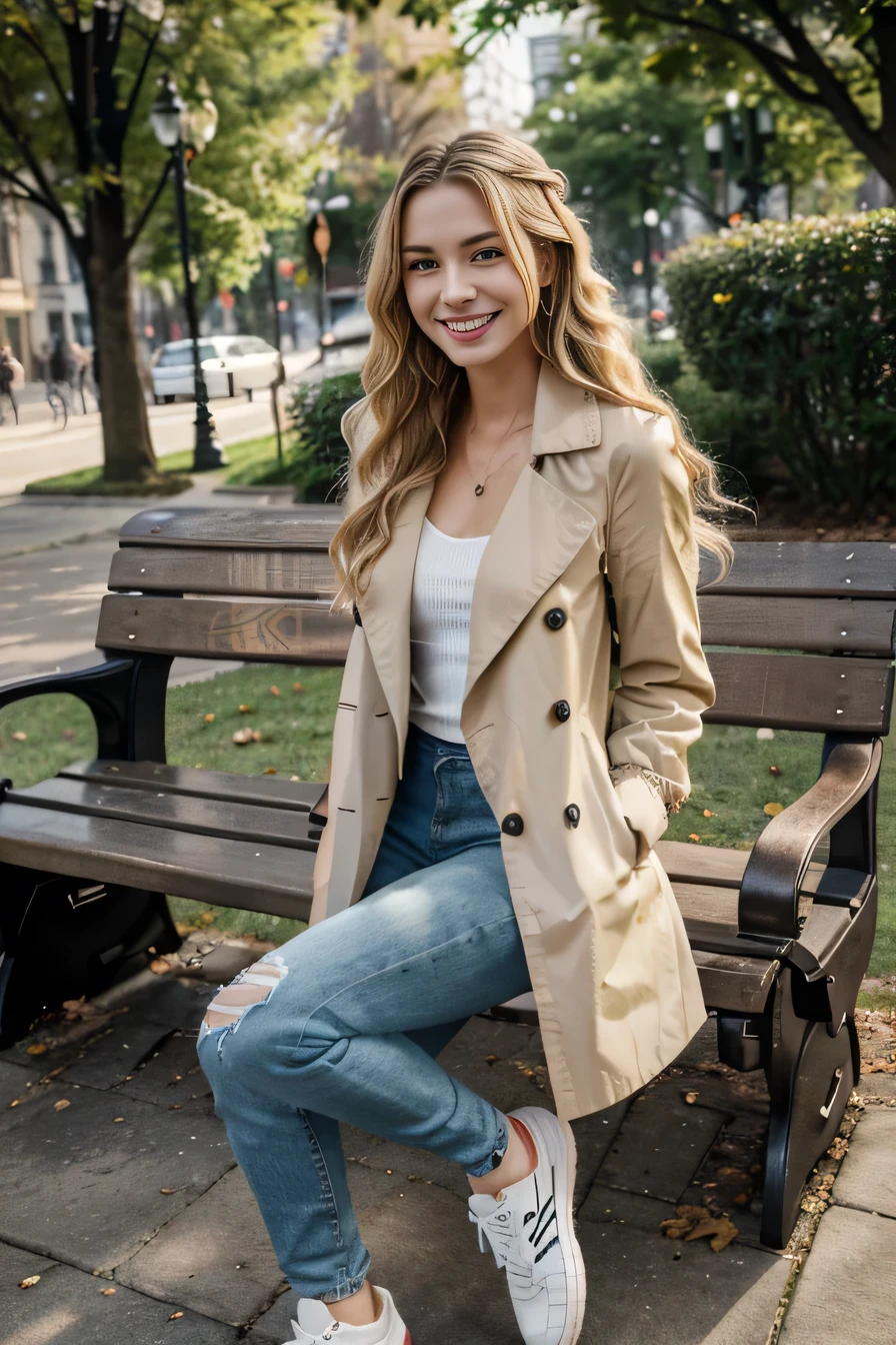 high quality, High resolution, 8k wallpaper, Beautiful Caucasian Woman、, Sitting on a park bench、 trench coat、, Skinny jeans, sneakers、、 Blonde 、Wavy Hair、、 、ear piercing、smile、Beautiful teeth alignment
