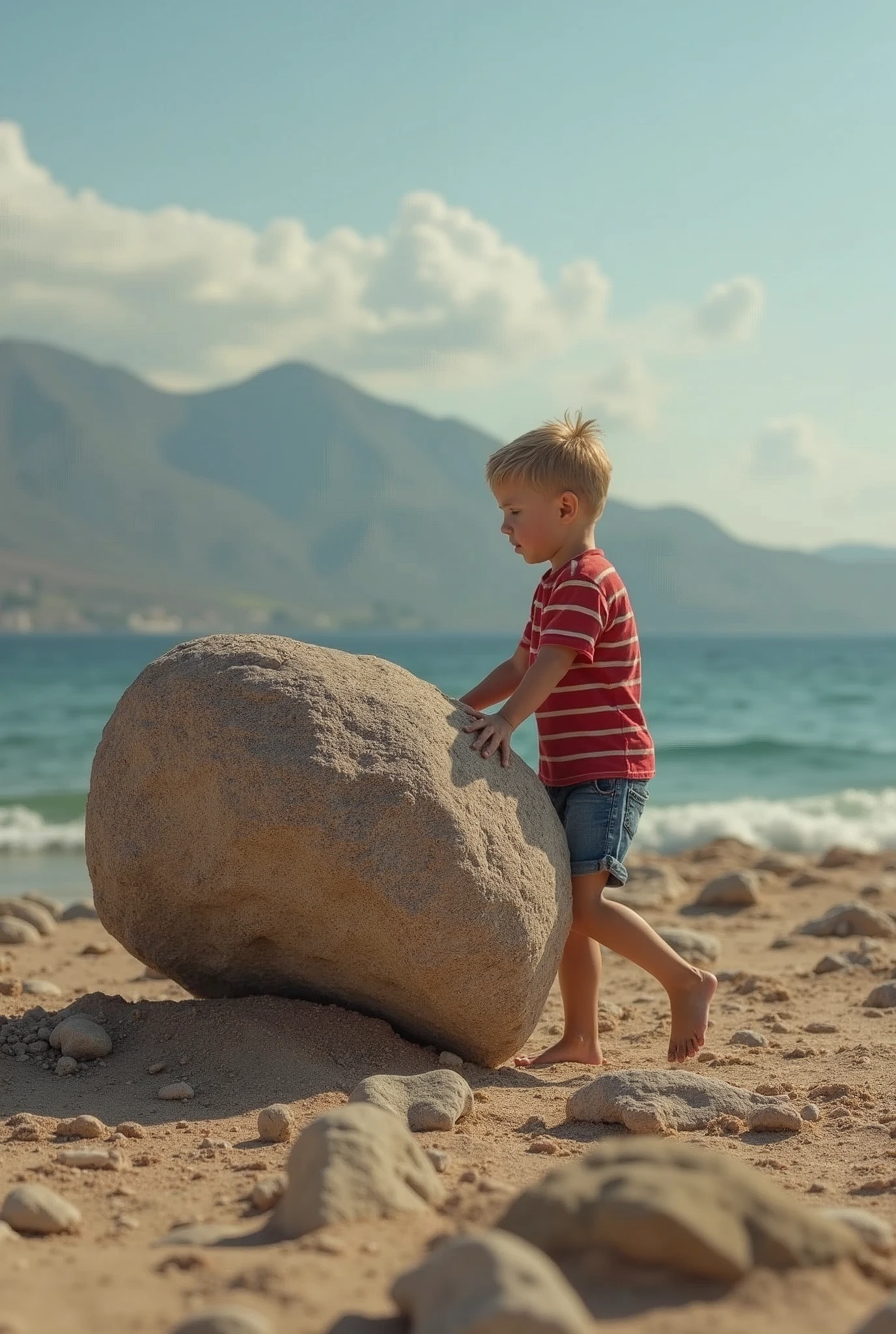 A kid trying to move a big rock which is 10 times bigger than his size 