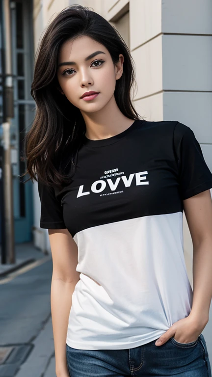 1 female, The logo on the chest reads LOVE, Black T-shirt,jeans, Realistic, photograph, Posing, real photograph, Street