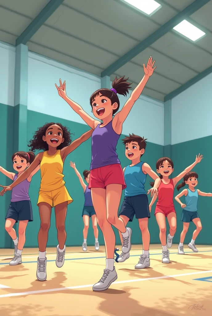 multiracial BOYS and girls aged 6 to 13 doing Aerobic Gymnastics in a gym and wearing sportsweae and white rubber shoes. Anime style