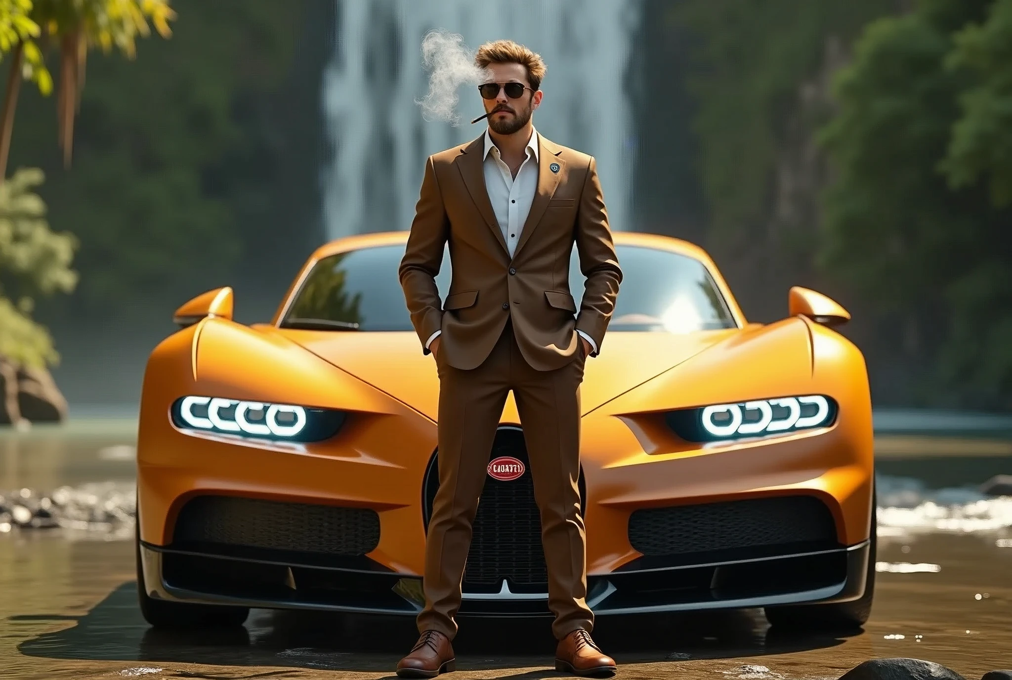 A stunning digital 3D render! The camera captures a man standing confidently in front of a sleek, tan Bugatti Veyron with neon golden headlights, its curves reflected perfectly in the surrounding waterfall and lush greenery. The subject, dressed in a well-tailored brown suit, white shirt, and brown leather shoes, exudes sophistication. His dirty blonde hair is stylishly groomed, and his facial hair complements his features. Tan sunglasses sit atop his nose, while a joint dangles from his lips, releasing wispy smoke trails around his head. The overall atmosphere screams luxury and refinement, retina, accurate, masterpiece, anatomically correct, textured skin, super detail, high quality, award winning, highres, 8k, 16k