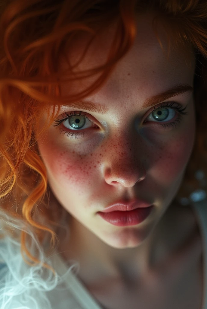 ,  redhead Woman , Freckles, face Closeup, only blushed flirting eyes visiblevery Detailed, awesome Quality, reflecting, luminescent, translucent, Ethereal, Aura, 80s DARK dystopian Blade Runner Flair, very detailed, uhd, masterpiece, White smoke, light beams through smoke,