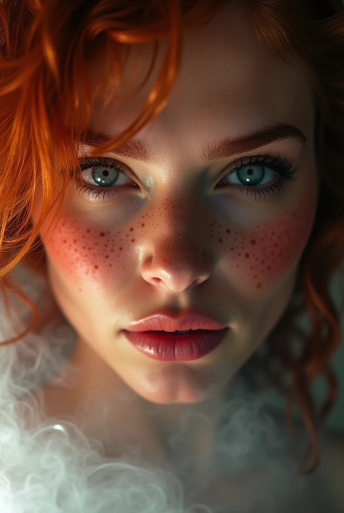 ,  redhead Woman , Freckles, face Closeup, only blushed flirting eyes visiblevery Detailed, awesome Quality, reflecting, luminescent, translucent, Ethereal, Aura, 80s DARK dystopian Blade Runner Flair, very detailed, uhd, masterpiece, White smoke, light beams through smoke,