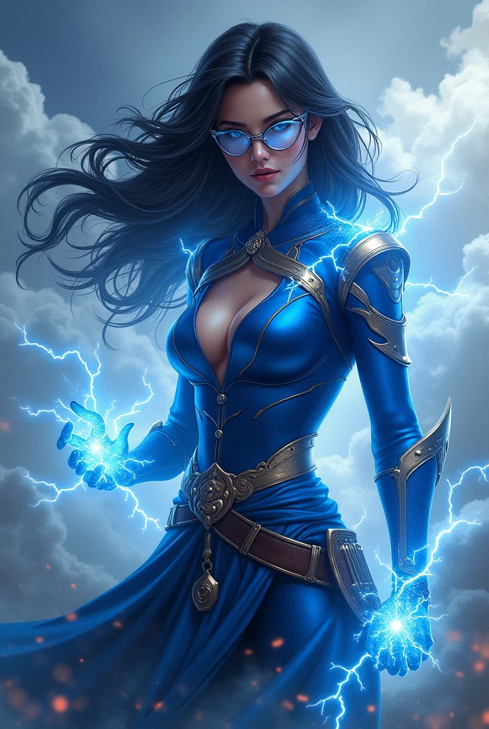 Beautiful woman with black hair, she wears blue battle clothes surrounded with electric, she wears eyeglass, she has thunder powers, she is in clouds with thunder