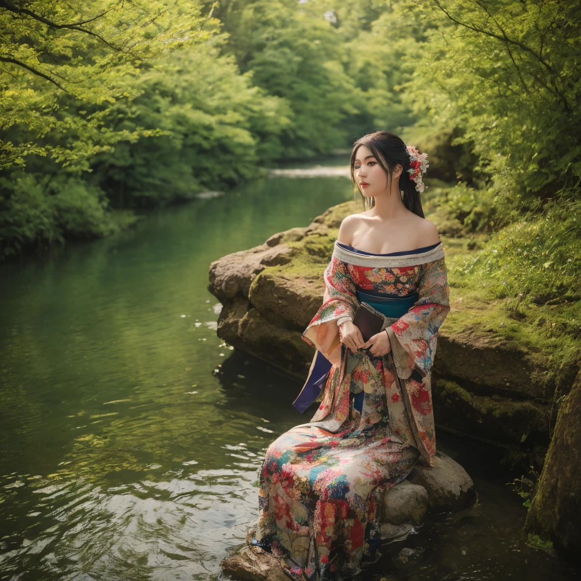 ((Best quality, 8k, Masterpiece :1.3)), Beautiful geisha in kimono.bare shoulders, ((Full Body)), sitting beside a river. At the forest. Night view. Moon decorated. #top-angle shot With dark light_snapshot, photo, high resolution, 4k, 8k, bokeh background)) mix4, 20d_Tattoo face texture. Tattoo Hand. Chest tattoo. Tattoo shoulder.