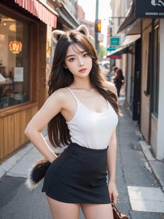 ((Highest quality, 8k)), ((masterpiece)), (Highest Resolution), Perfect Face, Raccoon-eared woman, Female college student, Beautiful woman, public, One tail, she has thick thighs, Big raccoon tail, She has a brown raccoon tail., She wags her tail, Troubled face, Fur collar, She is wearing a short skirt, Beautiful Hips , Big Breasts, The skirt is rolled up with a big tail