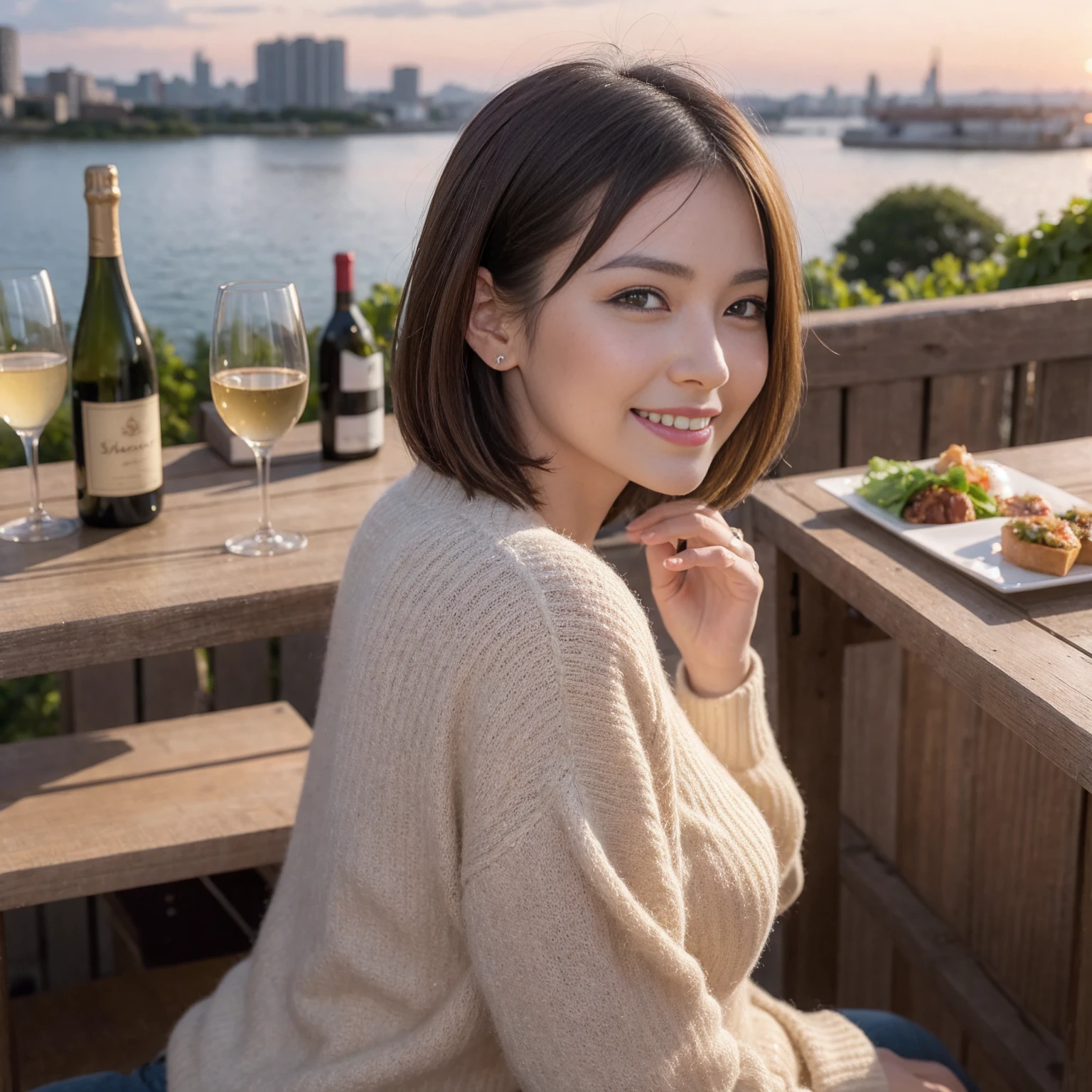 (Realistic:1.1),(masterpiece,Highest quality),8k,(49 years old), 53 years old, ベリーslimボディ、slimカップル、Tight waist,Upper Body,full-course dinner、wine 、Amazing view of the sunset sky and clouds、Perfect Anatomy, Brown Hair, short hair,Random Hairstyles,((Highly detailed face and eyes:1.2)),Perfect golden ratio face,Long sleeve shirt、dress,(smile:1.2)、Shortcuts、cute、(Realistic, Intricate details:1.2), A bright smile、short hair,Bright Face、赤wine 、Appetizers、Italian food、wine bottle、Champagne、スパークリングwine、(slimな顔), (The body is slim), (Brown Hair), (Shortcuts), Upper Body, 白wine, slim, wineグラス,