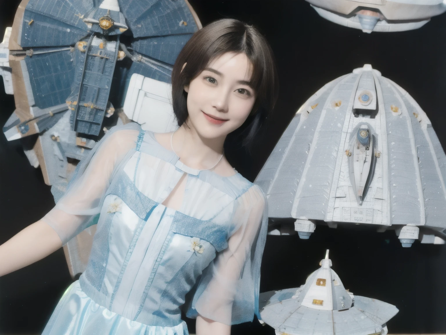 268 (20-year-old princess,Are standing), ((short hair:1.46)), (chest:1.46), Old-fashioned smile, (flower), (Spaceship:1.46)