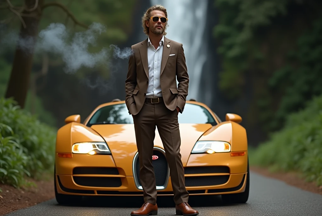 realistic photography style with text at the top that reads "Oregon life is great!" below the text is a man standing in front of a bugatti veyron. The man is dressed in a brown suit with a white shirt and brown leather dress shoes, and he has dirty blonde wavy well groomed cut hair his face has a well-groomed Beard and mustache same color as his hair , he is wearing tan sunglasses and he is smoking a joint the smoke trails waft around his head. The car is Tan with bright neon golden headlights. The background shows a waterfall and lush greenery, suggesting a natural and possibly exotic location. The overall impression is one of wealth and sophistication. , retina, accurate, masterpiece, super detail, high details, best quality, award winning, highres, HD, 4K, 8k, 16k, retina, accurate, masterpiece, anatomically correct, textured skin, super detail, high quality, award winning, highres, 8k, 16k