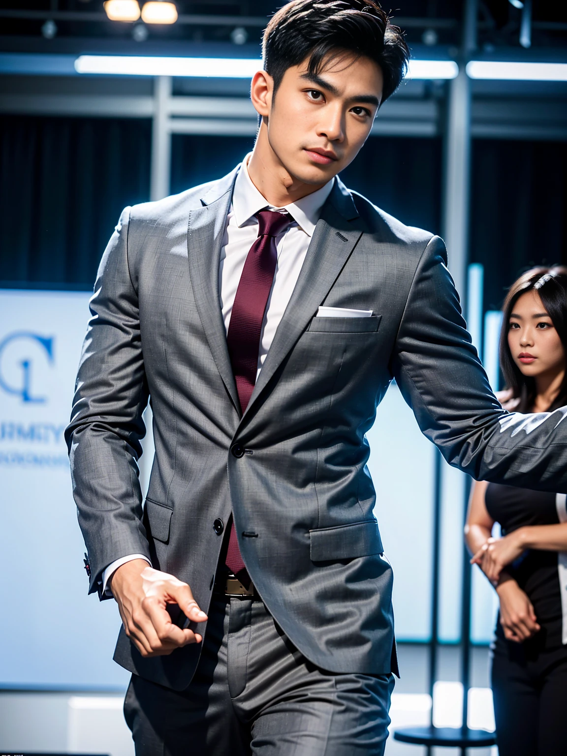 masterpiece, bestquality, High Quality, extremely detailed cg unity 8k wallpaper, Depth of Field, HDR,,photorealistic portrait,Very detailed, 1 man, asian, Short black hair (wearing a gray suit), Pectoral muscles, Big arm muscles, blood vessel, Big muscles, Wide shoulders, looking at the audience, balance eyes, (eye contact)