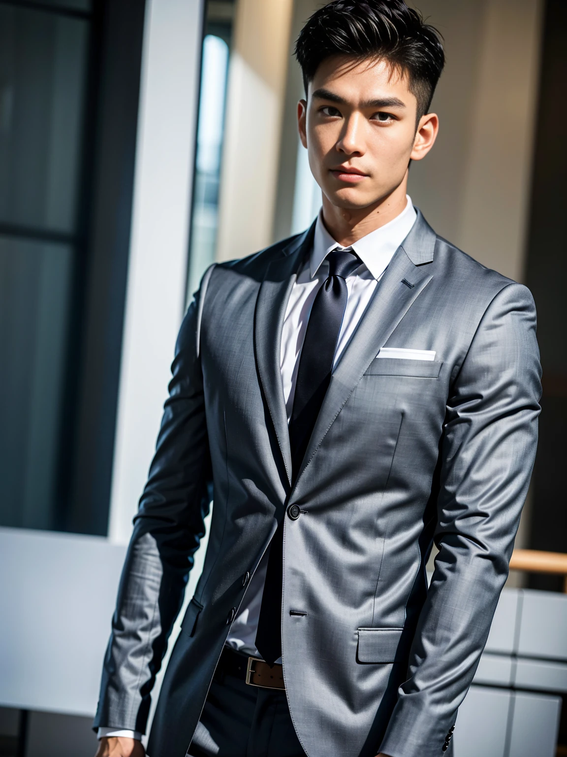 masterpiece, bestquality, High Quality, extremely detailed cg unity 8k wallpaper, Depth of Field, HDR,,photorealistic portrait,Very detailed, 1 man, asian, Short black hair (wearing a gray suit), Pectoral muscles, Big arm muscles, blood vessel, Big muscles, Wide shoulders, looking at the audience, balance eyes, (eye contact)