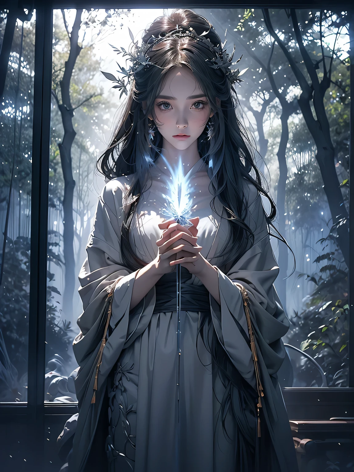 Beautiful girl in a transparent gray robe standing in a dark forest, Magnificent style, Octane Rendering, Desert Composition, Beautiful Face, Detailed face, Surreal, Oil on canvas, Awards, artwork, Art Station Trends, Studio Ghibli, Close-up of a girl