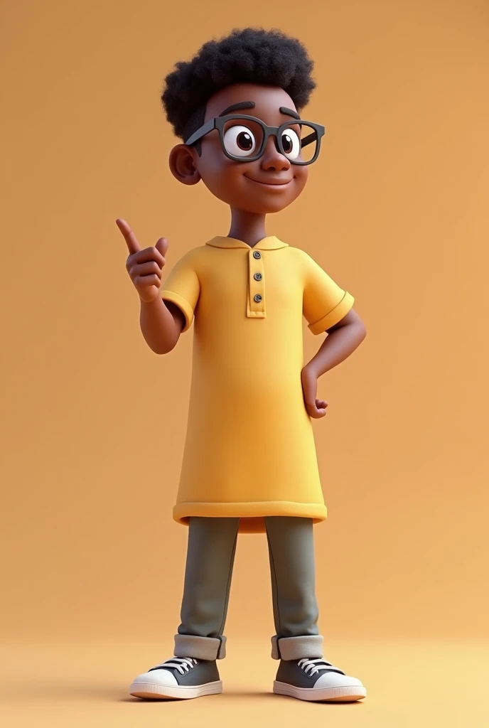 3d cartoon photo of handsome 17 year old african american young man with persuasive look looking forward, wearing glasses pointing in one direction dressed in a smock on a solid single color background standing with his feet crossed, full portrait image