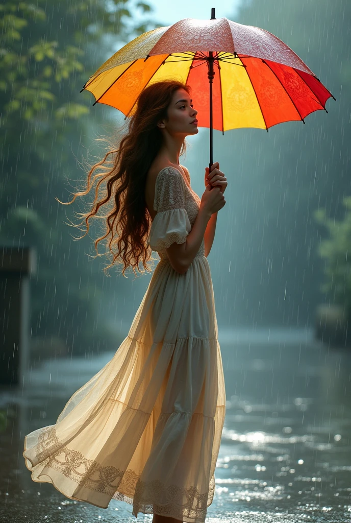 Beautiful girl with wavy long hair, bohemian dress, holding a umbrella in rain and showing it to the viewer