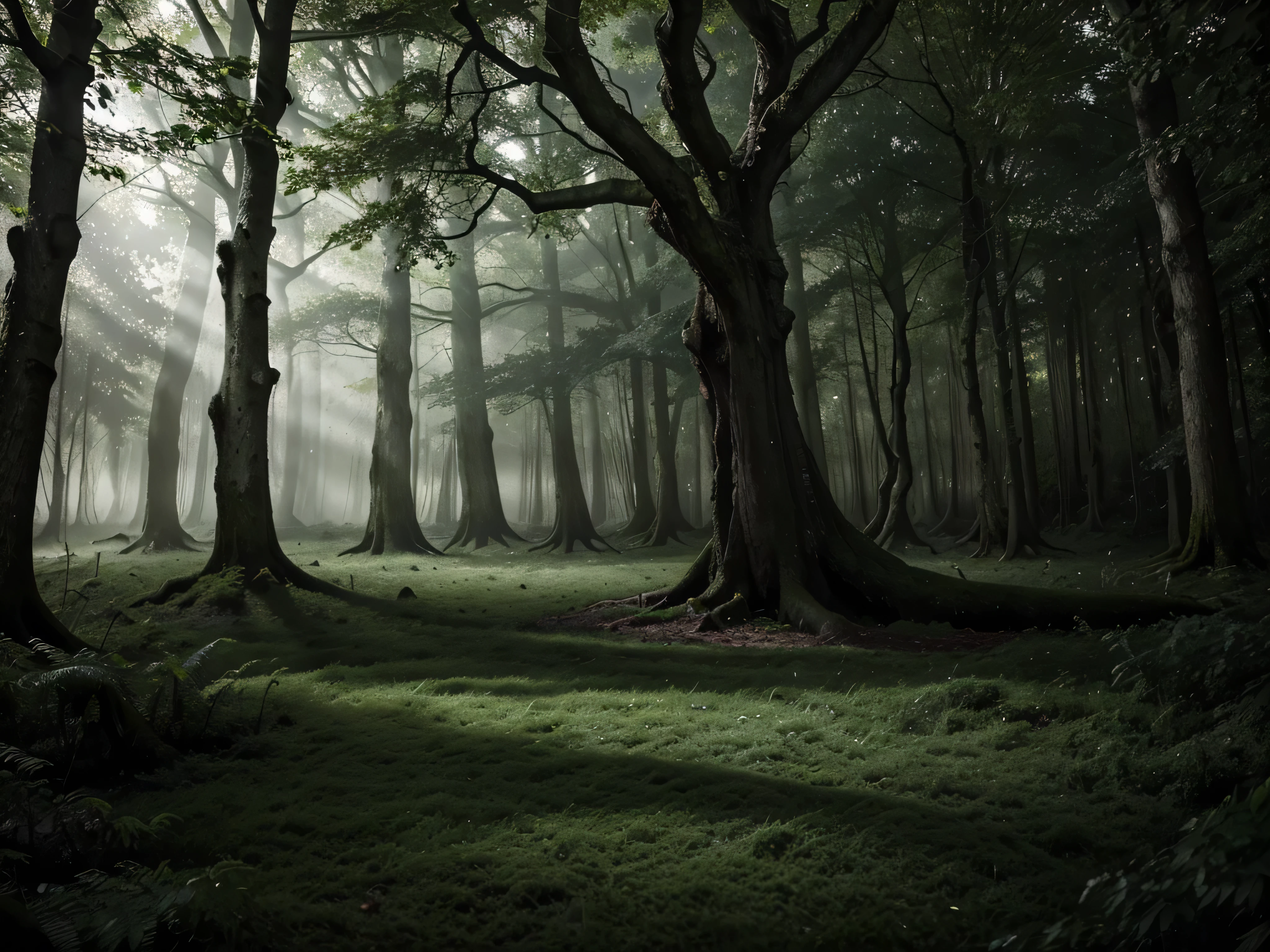 In the heart of a stygian regal forest, an ancient oak tree stands tall and twisted, its gnarled branches reaching out like skeletal fingers grasping at unseen specters. The tree, with its dark, moss-covered bark and jagged, twisted limbs, is the focal point of the digital painting, set against a murky backdrop of dense foliage and mist. The image is a hauntingly beautiful representation of a mysterious and foreboding woodland realm, perfectly captured in exquisite detail and rich, deep colors. Every shadow and every shaft of light in the image adds to the atmosphere, drawing viewers into a world of dark enchantment and unseen danger.