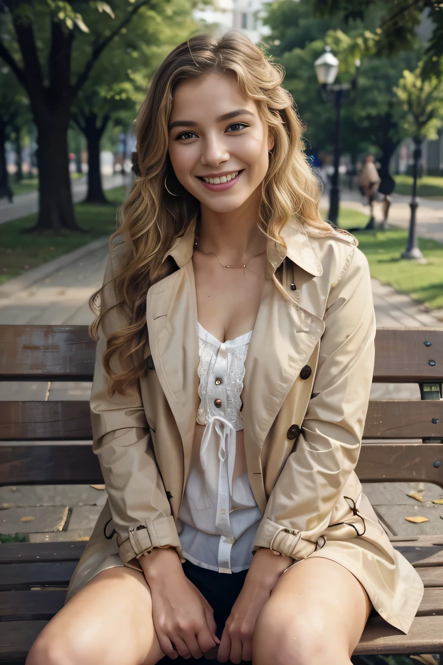 quality, High resolution, 8k wallpaper, Beautiful Caucasian Woman、, Sitting on a park bench、 trench coat、 Blonde 、Wavy Hair、、 、ear piercing、smile、Beautiful teeth alignment
