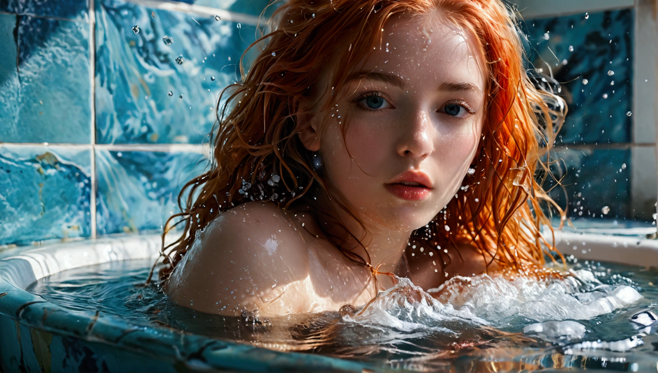 (full body shot:1.1) photorealistic image of a (laying pose:1.1) woman, ultra realistic, photography, long red hair, girl, 24 years old, hourglass figure, perfect body, Flirty look, natural medium breasts, blur background, she is floating in a pool, she wears a sexy black thin bikini, she is relaxing