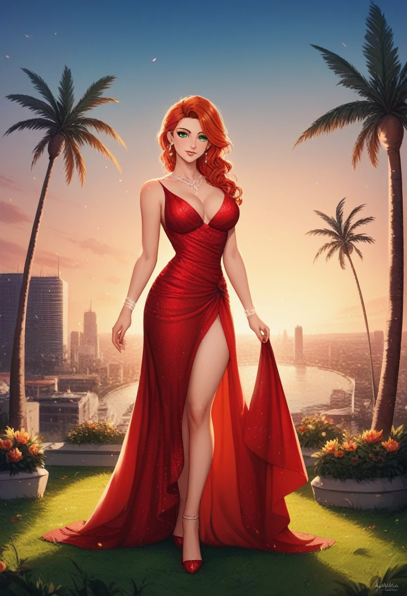 mulher extremamente linda, standingn, frente, on a beautiful street with lots of palm trees and vegetation, ((grass green eyes)), (((perfect eye))), (((redhead))), ((red)) Evening gown, in a stunning setting, skyscraper on the ground in the background, beautiful city, fim de tarde, live lighting, cores vivas