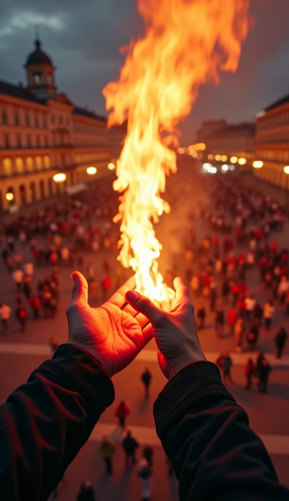 pov of flying over of a crowded square, red hands that throw fire and flames in a crowded plaza