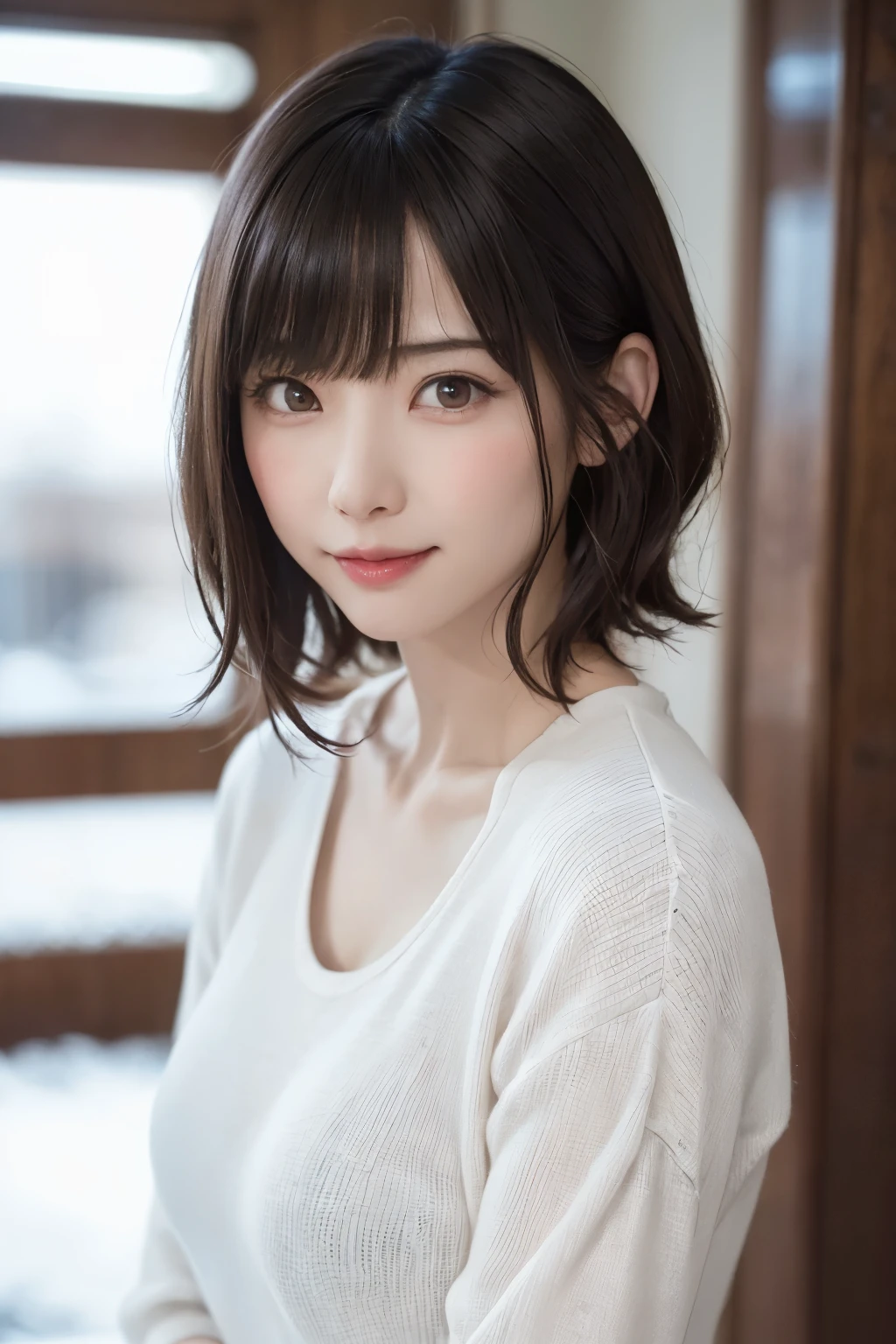 (masterpiece, Highest quality),One Girl, alone, hyper Realistic, Realistic,Realistic, Looking at the audience, Light brown eyes:1.4,Brunette Short Bob Hair with highly detailed shiny hair, Brightly colored winter clothes, Lepangas:1.4), Plein Air, Mouth closed, Upper Body、big chest eye、eyelash、{Hugeな|big chest|Hugeなな|Mega} chest:2, chestの谷間:2、{Huge|big|Hugeな|Mega} chest:2, chestの谷間:2、(((big chest eye、Short Bob Hair、Glowing Skin、Shiny Hair、Student Highlights、Gazing at the audience、She is very beautiful and cute、Listen carefully、Long neck、smile、Close your mouth and smile、bangsと美しい歯、bangs、Perfect Anatomy)))、Ideal body type、(Snowy tree-lined road in winter in Norway, Out of focus background)、美しいLong neck:1.4、Very attractive, Beautiful and cute woman