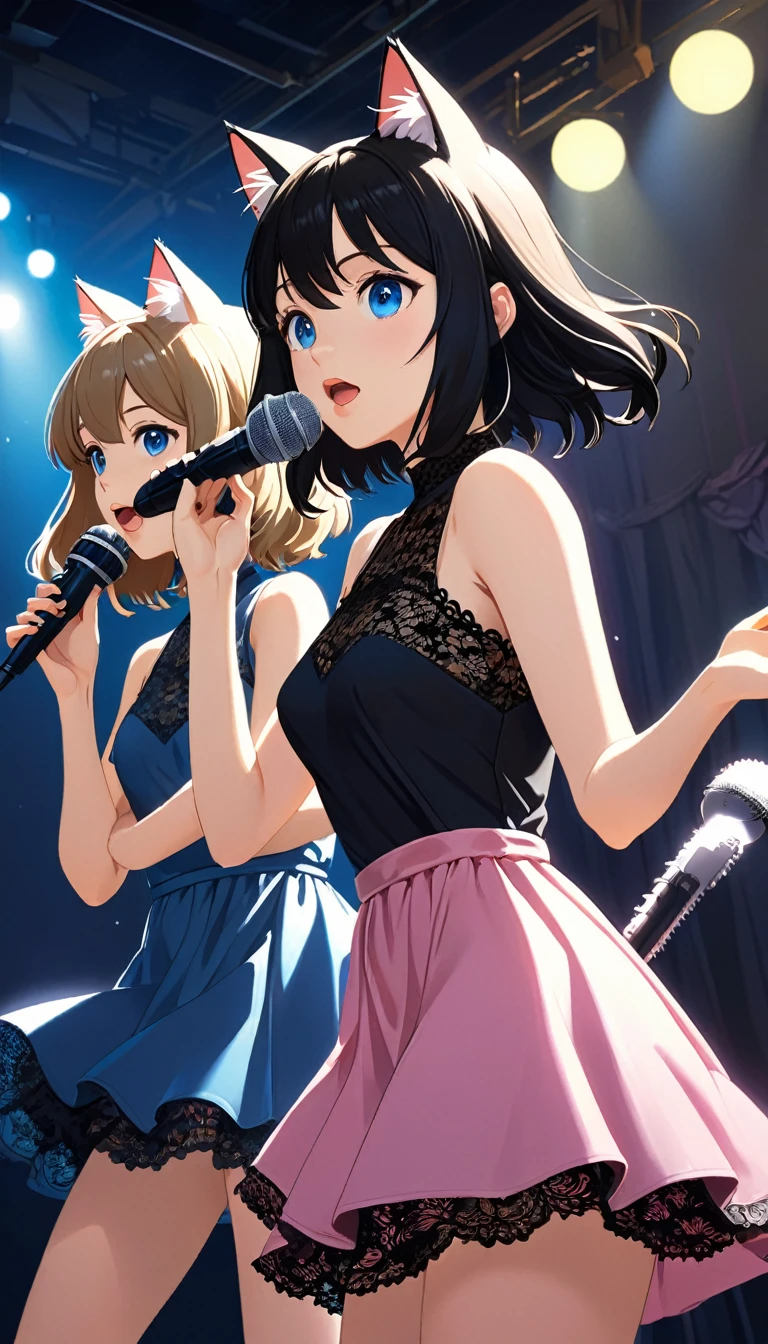 "An anime style illustration featuring two beautiful girls on a stage. The first girl has slender black hair, bangs, cat ears, clear brown eyes, and fair skin. She is wearing a little black lace dress and holding a microphone while singing. The second girl has long, fine white hair, cat ears, clear blue eyes, and fair skin. She is wearing a small pink dress and also holding a microphone. The background is a vivid stage lit by daytime backlight, with bright colors. The illustration combines elements of anime, 3D render, painting, fashion, acrylic painting, and is trending on platforms like Pixiv Fanbox and ArtStation. The artwork showcases intricate details, perfect composition, octane render, 8K artistic photography, photorealistic concept art, soft natural volumetric cinematic lighting, chiaroscuro, and oil on canvas. It incorporates styles reminiscent of Makoto Shinkai, Jamie Wyeth, James Gilleard, Edward Hopper, Greg Rutkowski, Studio Ghibli, and Genshin Impact, along with influences from Raphael, Caravaggio, Beeple, Beksinski, and Giger."