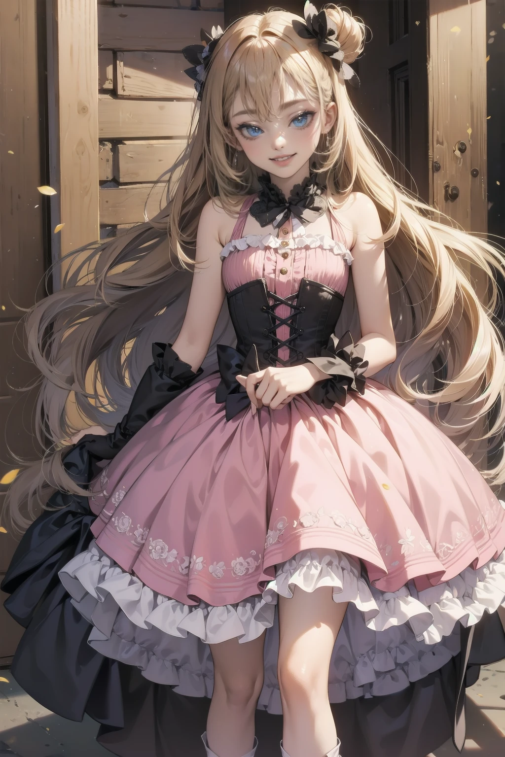 beautiful girl、とてもcute天使、Pink Lolita Dress、cute、Baby Face、smile、Long skirt、Black long boots、