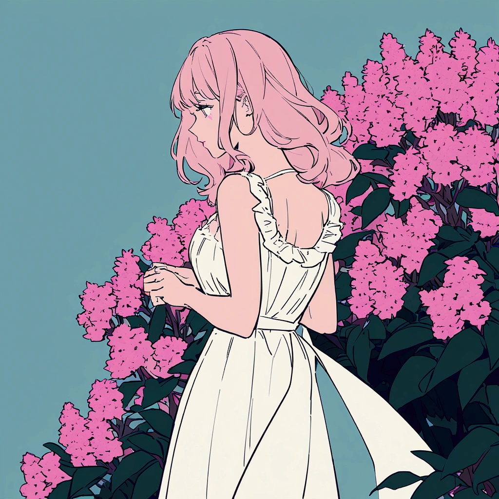 A woman in a white dress, summer, nostalgic, simple and beautiful color scheme, flat color, flowers, chic, crape myrtle