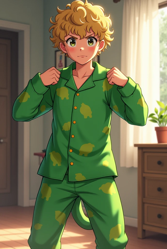 Dark blonde curly hair strong physique 15 year old appearance 1,70 tall. Could you make him with some green Dino pajama outfit?. I want it anime style, Could you create some scenes for me of him working out at home?