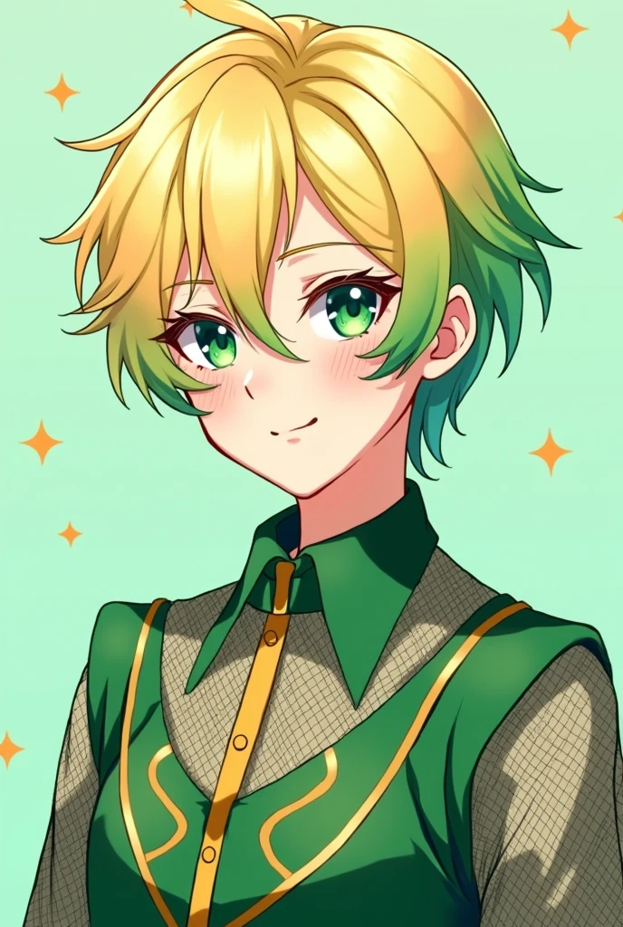 gender: man
age: Hair color at age 15: Shiny blonde hairstyle:Cross your bangs to the right。The back hair is slightly shorter and the top is dyed green.、The mesh is also green: Big and green、Pupils are contoured into a crescent shape: Cute boy clothes similar to women's: Idol-like style with shorts, anime-style with more boyish elements
