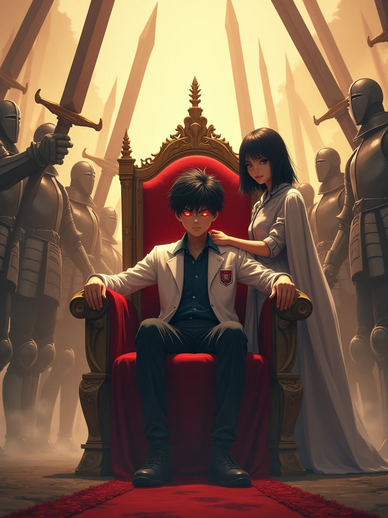 A boy slouching back on the throne with wide spread legs and sitting like a king and with an arrogant attitude he has black hair and red glowing eyes wearing a school uniform and a white blazer with logo and a queen stands next to him touching his shoulder as the center piece,  Giant full armoured dead knights surrounds the throne and  raise their giant swords above the throne and connecting, dreamy and ethereal, golden hour,animaginexl 3.1 model,highly detailed,HD resolution,4k definition,