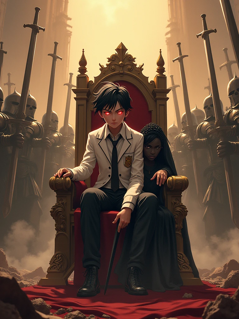 A boy slouching back on the throne with wide spread legs and sitting like a king and with an arrogant attitude he has black hair and red glowing eyes wearing a school uniform and a white blazer with logo and a queen stands next to him touching his shoulder as the center piece,  Giant full armoured dead knights surrounds the throne and  raise their giant swords above the throne and connecting, dreamy and ethereal, golden hour,animaginexl 3.1 model,highly detailed,HD resolution,4k definition,
