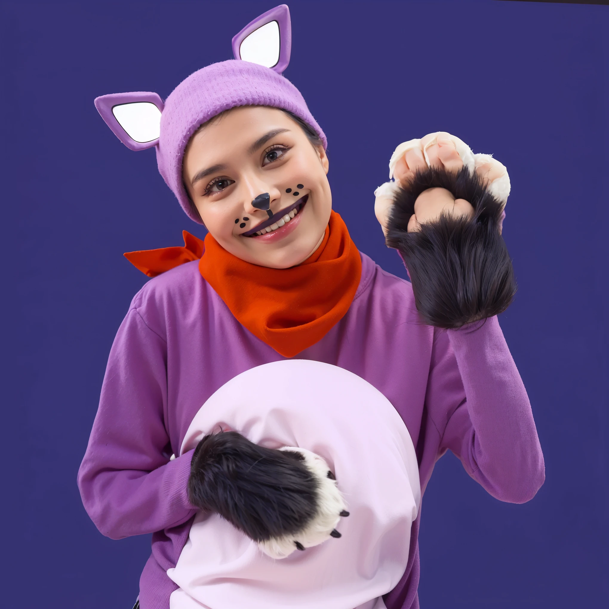 fluffy paws fluffy paws fluffy paws fluffy paws fluffy paws fluffy paws fluffy paws fluffy paws fluffy paws fluffy paws This image features a person playfully dressed in a cat costume. They are wearing a lavender hood with white and purple ears, accented with an orange scarf. The costume includes a face painted with whiskers and a small nose to mimic a cat's features. They are also wearing gloves designed to look like cat paws, showing off a raised paw towards the camera. The costume is complete with a round, plush body suit, and the person is smiling warmly, enhancing the playful, fun character of the outfit. The purple background complements the costume, creating a vibrant and engaging scene. This environment, while visually striking, evokes feelings of unease and anticipation, suggesting a narrative of suspense and control. (glossy plastic texture with multiple big light probe refractions), perfect cgi, smooth silhouette, high intensity refraction, (super glossy plastic material), most beautiful vfx, , realistic, 4k, high resolution, rim light, smooth 3d model, multiple light sources, rim light, sharp post effects render,, realistic, 4k, high resolution, rim light detailed digital art, reflective, best quality, 4k, masterpiece:1.2, ultra-detailed, realistic, vivid colors, The image of the highest quality, ensuring every detail showcased perfectly. It in 4k resolution, allowing viewers to immerse themselves in the richness of the colors and intricate details. The realistic rendering. under the spotlight, reflecting, high-resolution image, realistic rendering